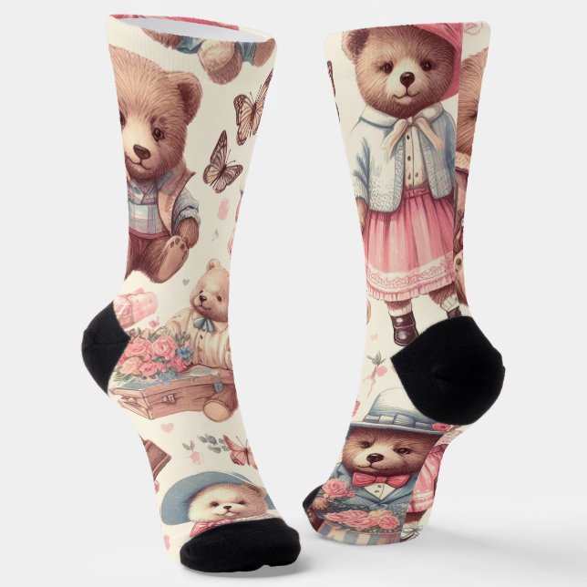 Cute Vintage Bears Seamless Socks (Angled)
