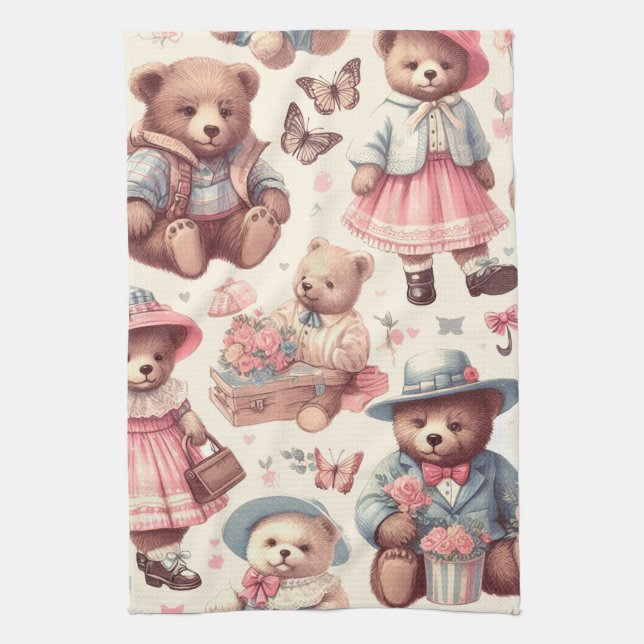 Cute Vintage Bears Seamless Tea Towel (Vertical)