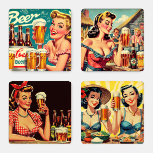 Cute Vintage Beer Girls Coaster Set