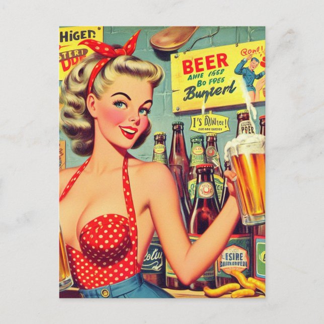 Cute Vintage Beer Pin up Postcard (Front)