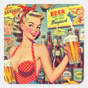 Cute Vintage Beer Pin up Square Sticker