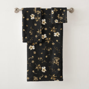 Cute Vintage Beige Wildflowers on Black Bath Towel Set