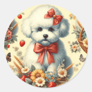 Cute Vintage Bichon Frisé Illustration Classic Round Sticker