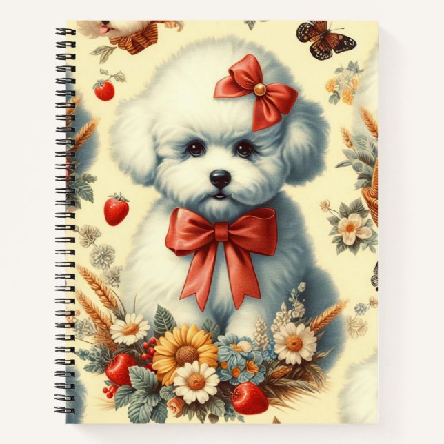 Cute Vintage Bichon Frisé Illustration Notebook (Front)