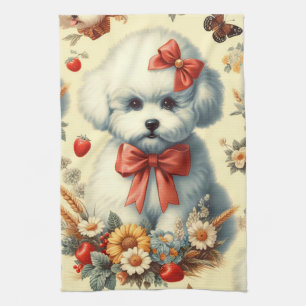 Cute Vintage Bichon Frisé Illustration Tea Towel
