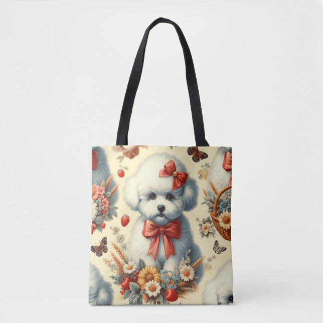 Cute Vintage Bichon Frisé Illustration Tote Bag (Front)