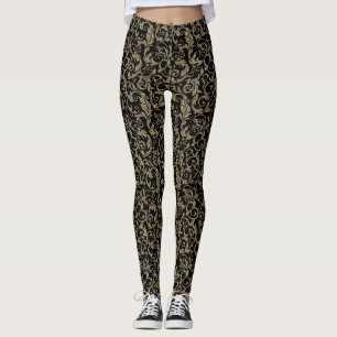 Cute vintage black brown floral pattern leggings