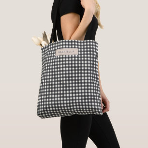 Cute Vintage Black Grey Gingham Plaid Personalised Tote Bag