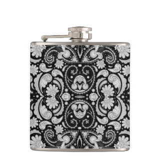 Cute vintage black white paisley patterns hip flask
