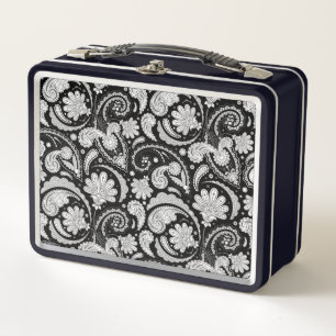 Cute vintage black white paisley patterns metal lunch box