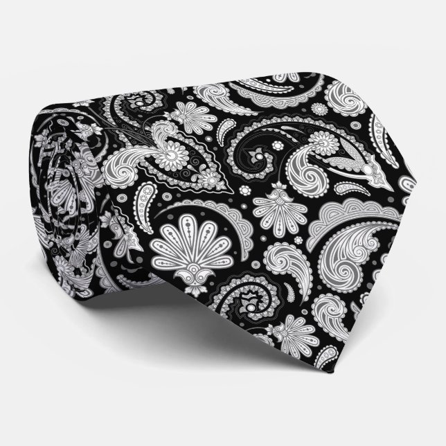Cute vintage black white paisley patterns tie (Rolled)