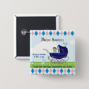 Cute Vintage Blue Baby Boy Carriage 15 Cm Square Badge