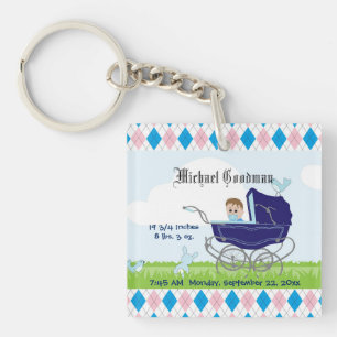 Cute Vintage Blue Baby Boy Carriage Key Ring