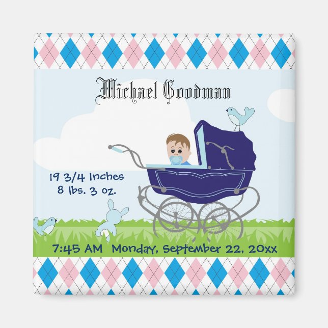 Cute Vintage Blue Baby Boy Carriage Magnet (Front)