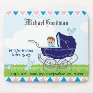 Cute Vintage Blue Baby Boy Carriage Mouse Mat