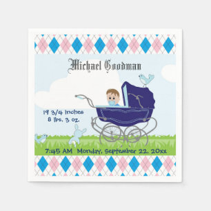 Cute Vintage Blue Baby Boy Carriage Napkin
