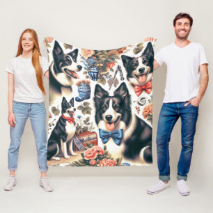 Cute Vintage Border Collie Illustration Fleece Blanket