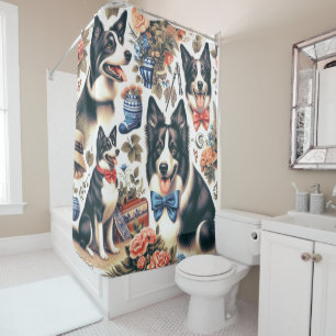 Cute Vintage Border Collie Illustration Shower Curtain