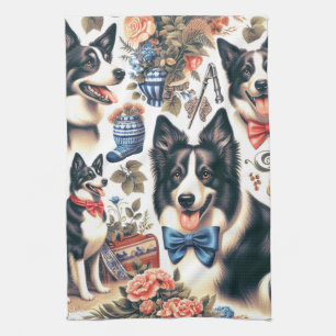Cute Vintage Border Collie Illustration Tea Towel