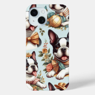 Cute Vintage Boston Terrier Illustration iPhone 15 Case