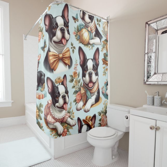 Cute Vintage Boston Terrier Illustration Shower Curtain (In Situ)