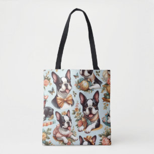 Cute Vintage Boston Terrier Illustration Tote Bag