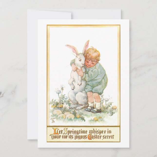 Cute Vintage Boy Hugging Easter Bunny Holiday Card (Front)