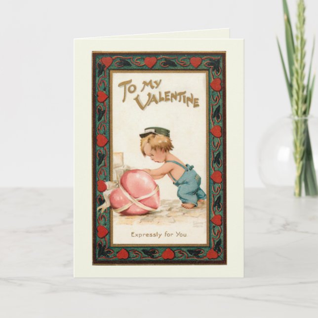 Cute Vintage Boy with Valentine Heart Holiday Card (Front)