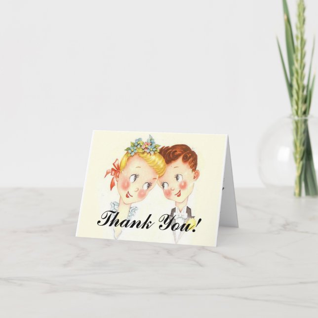 Cute Vintage Bride & Groom Wedding Thank You Cards (Front)