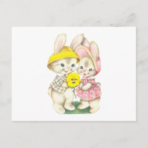 Cute Vintage Bunnies with Pansy Flower Postcard