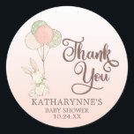 Cute Vintage Bunny Baby Shower Thank You Classic Round Sticker<br><div class="desc">Cute Vintage Bunny Rustic Baby Shower Thank You Stickers in sweet shades of sage green, cream, and soft pink. This design features an adorable vintage bunny rabbit floating in with a bouquet of festive balloons with patterns of polka dots and gentle florals on a watercolor ombre cottage pink background. A...</div>