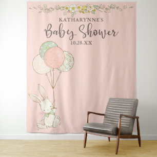 Cute Vintage Bunny Floral Baby Shower Backdrop Tapestry
