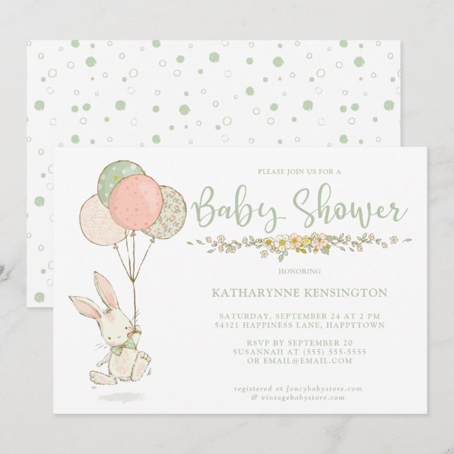 Cute Vintage Bunny Floral Baby Shower Invitation (Front/Back)
