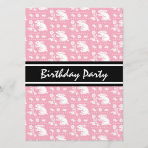 Cute Vintage Bunny Rabbit Pattern Pink and White Invitation