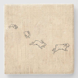 Cute Vintage Bunny Themed Jumping Rabbits Art Stone Coaster