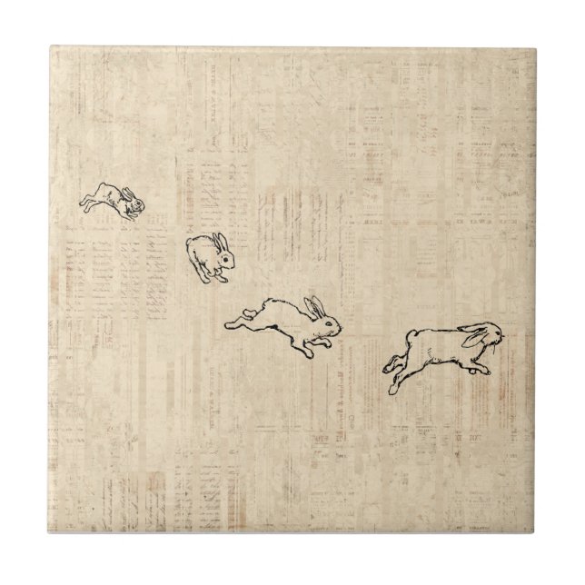 Cute Vintage Bunny Themed Jumping Rabbits Art Tile (Front)