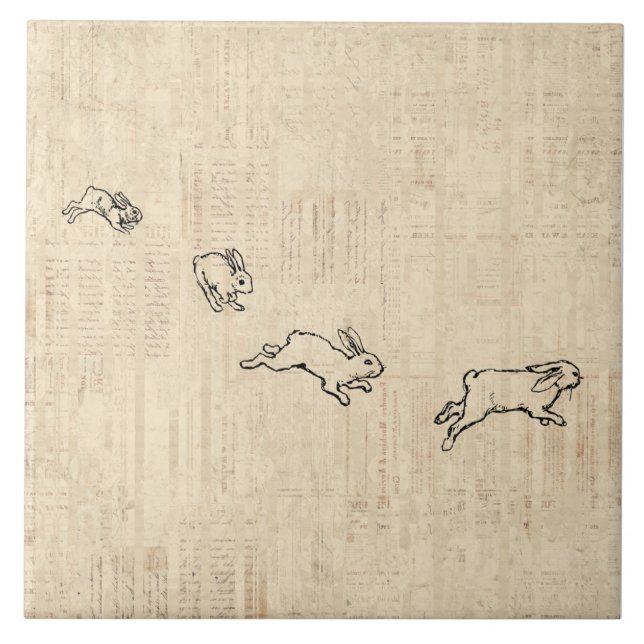 Cute Vintage Bunny Themed Jumping Rabbits Art Tile (Front)