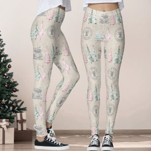 Cute Vintage Burlap Stamp Christmas Tree Pattern  Leggings