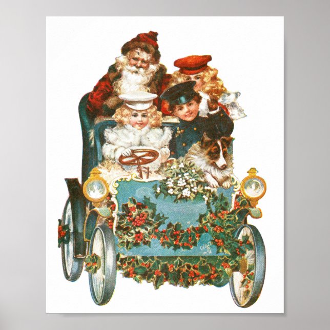 Cute Vintage Car | Santa Claus Christmas Poster (Front)