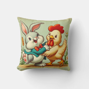 Cute, vintage cartoon Chicken & Rabbit Cushion