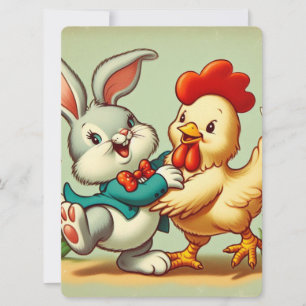 Cute, vintage cartoon Chicken & Rabbit Holiday Card