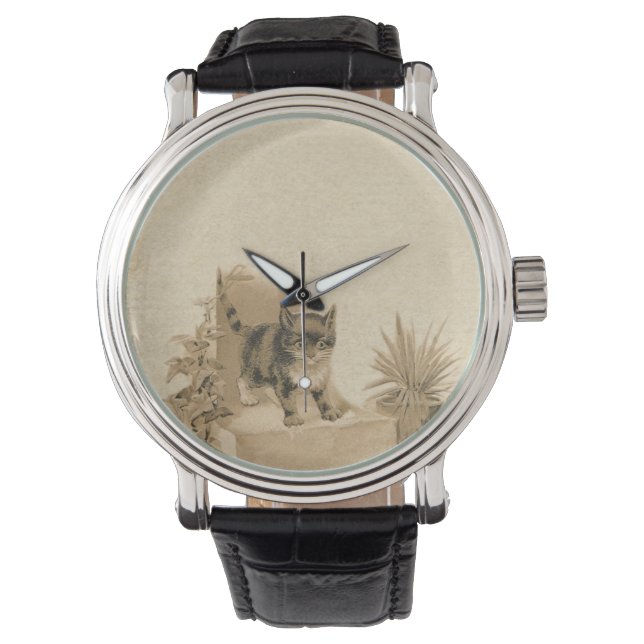 Cute Vintage Cat Drawing Antique French Card Watch (Front)