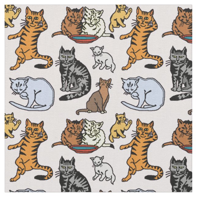 Cute Vintage Cat Drawing Pattern Fabric (Close Up)