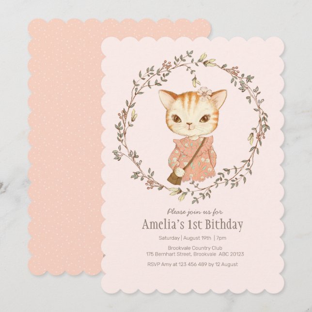 Cute Vintage Cat Girls Birthday Invitation (Front/Back)
