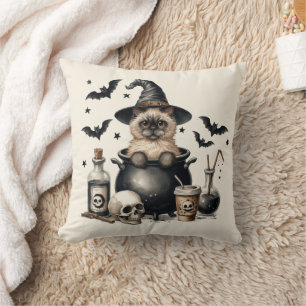 Cute Vintage Cat in a Cauldron Halloween Cushion