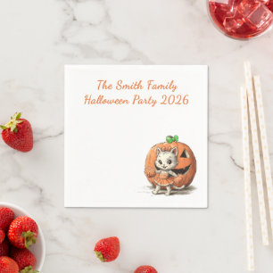 Cute Vintage Cat Pumpkin Custom Halloween Party  Napkin