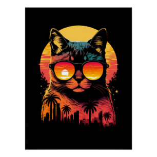 Cute Vintage Cat wearing Glasses in Sunset Summer Poster