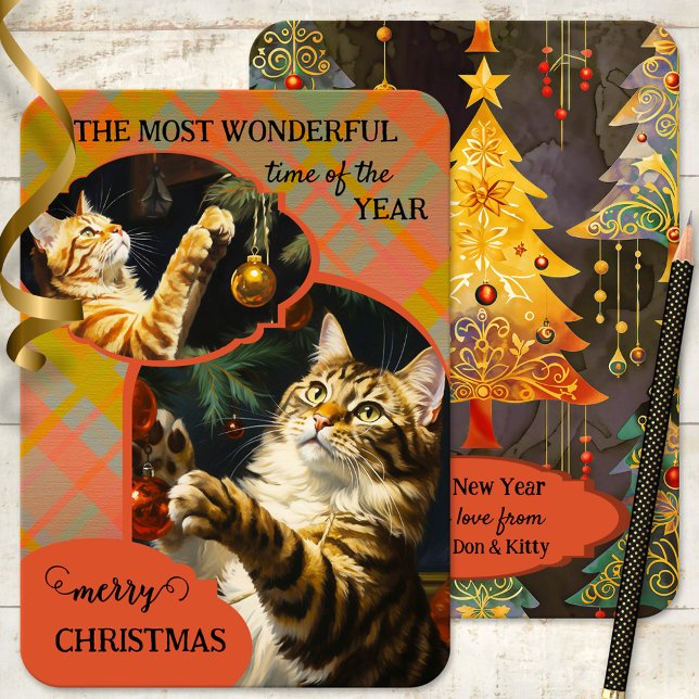 Cute Vintage Cats Plaid Merry Christmas Holiday Card (Whimsical cute Christmas card featuring two paintings of vintage playful cats and Christmas trees)