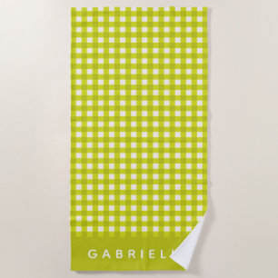 Cute Vintage Chartreuse Gingham Plaid Personalised Beach Towel