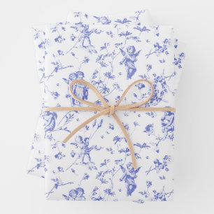 Cute Vintage Cherub Cupid Angels Blue Floral Toile Wrapping Paper Sheet